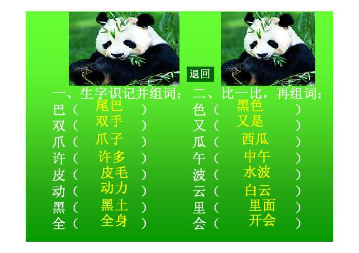 收集熊猫的图片资料,能根据课文内容为大熊猫涂色.