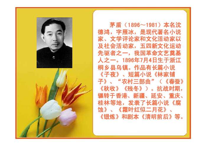 矛 盾北京版 五年级 语文 上册 第七单元茅盾(1896～1981)本名沈德鸿